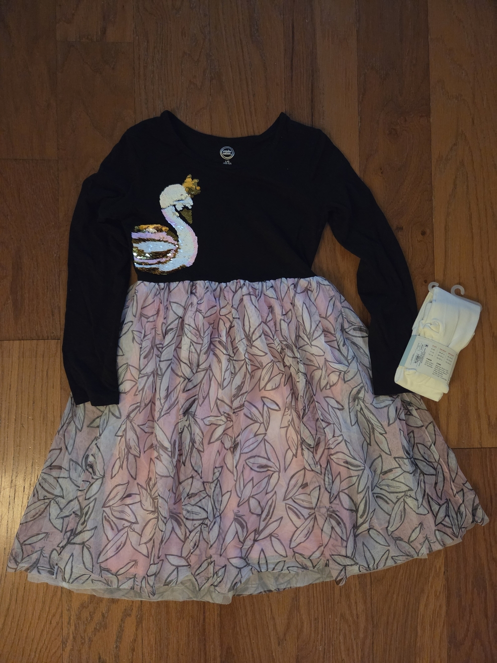 Girls Black and Pink Swan Sequin Dress. New White Tights